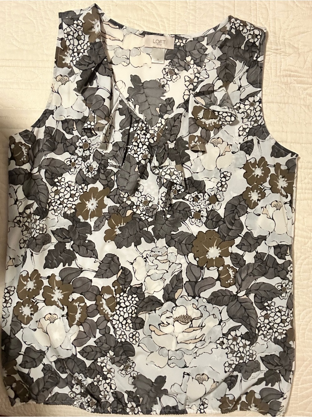 LOFT Floral Ruffle V-Neck Sleeveless Tank in White, Gray & Brown